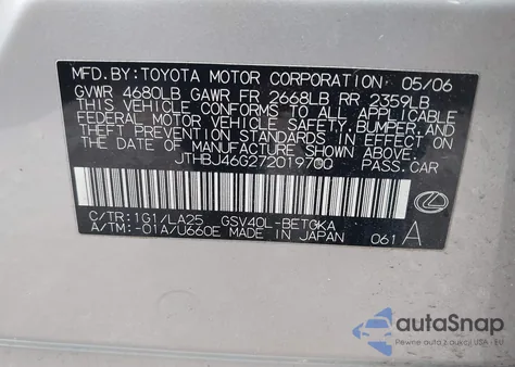 2007 Lexus Es 350 from USA, damaged, VIN JTHBJ46G272019700